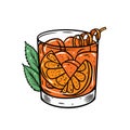 Old fashioned cocktail. Hand drawn colorful outline cartoon style. Royalty Free Stock Photo