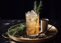 Old fashioned cocktail with ice and rosemary on round tray with coffee beans on dark table.Macro.AI Generative Royalty Free Stock Photo