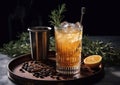 Old fashioned cocktail with ice and rosemary on round tray with coffee beans on dark table.Macro.AI Generative Royalty Free Stock Photo