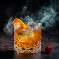 Old fashioned cocktail with orange and cherry on wooden table. Copyspace Royalty Free Stock Photo