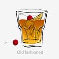 Old fashioned cocktail. Orange cocktail with orange slice ice cubes cherries.