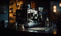 Old-fashioned coffee machine on the bar stand. Cups and pitchers around. Blurred backdrop. Generative AI