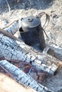 An old fashioned coffee pot on an open fire