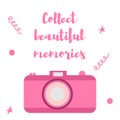 The old-fashioned color camera. Flat style. Inscription collect beautiful moments on a white background Royalty Free Stock Photo