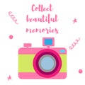 The old-fashioned color camera. Flat style. Inscription collect beautiful moments on a white background Royalty Free Stock Photo