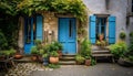 Old fashioned cottage with closed blue door, surrounded by nature generated by AI Royalty Free Stock Photo