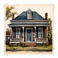 Vintage Illustration Of An Old House With Blue Shutters Royalty Free Stock Photo