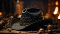 Old fashioned cowboy hat on wooden table, autumn decoration generated by AI Royalty Free Stock Photo