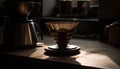 Old fashioned craftsperson prepares coffee using metallic kitchen utensils indoors generated by AI