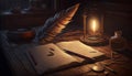Old fashioned desk with quill, ink well, and candle ,generative AI