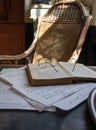 Old fashioned Dutch interior and room decoration in small fisherman`s houses in North-Holland, Enkhuizen, Netherlands. Table, boo