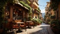 Old fashioned European architecture, rustic wooden table, illuminated lantern, city life generated by AI