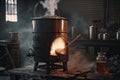 an old-fashioned evaporator with a fire burning underneath, boiling the sap to make syrup