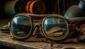 Old fashioned eyeglasses, rusty metal, reflection of nature, abandoned elegance generated by AI