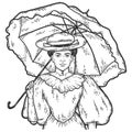 Old Fashioned Girl With Vintage Sun Umbrella Engraving Vector Illustration. Scratch Board Style Imitation.