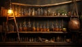 Old fashioned glass bottles on wooden shelves in a dark cellar generated by AI Royalty Free Stock Photo