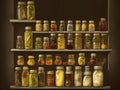 old fashioned glass jars of jams, preserves pickles and vegetables stacked on shelves