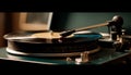 Old fashioned gramophone spinning on turntable in nightclub close up stereo generated by AI