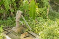 old fashioned hand tube well pump inside green surrounding Royalty Free Stock Photo