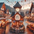 Old fashioned Happy New Year, Village Square with the Town Hall clocktower. Harkens back to turn-of-the-century motif or European Royalty Free Stock Photo