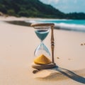 Old fashioned hourglass with yellow, blue falling sand inside on sandy beach background. Sandglass, sand timer, time is Royalty Free Stock Photo