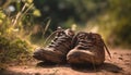 Old fashioned leather hiking boots trek through muddy autumn forest generative AI