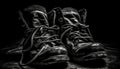 Old fashioned leather sports shoe, undone lace, on black background generated by AI