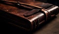 Old fashioned leather suitcase, handle, and lock on wood background generated by AI