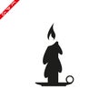 Old fashioned lit candle candlestick on holder flat vector icon for apps and websites