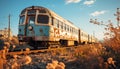 Old fashioned locomotive on railroad track, speeding through rural sunset generated by AI