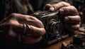 Old fashioned man holding antique camera, photographing with expertise and creativity generated by AI