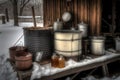 old-fashioned maple sap evaporator with buckets and ladles for boiling down the sweet, sticky syrup