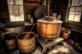 old-fashioned maple sap evaporator with buckets and ladles for boiling down the sweet, sticky syrup