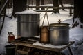 old-fashioned maple sap evaporator with buckets and ladles for boiling down the sweet, sticky syrup