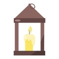 Old fashioned metal lantern with burning yellow candle, front view, flat vector