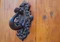 Old-fashioned metallic doorknob on a wooden door