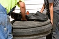 Repairing a tractor tire with an inner tube Royalty Free Stock Photo