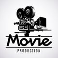 Old fashioned movie film camera, logo design template, black and white vector illustration