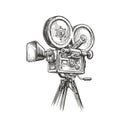 Old fashioned movie film camera sketch. Video production concept vintage vector illustration Royalty Free Stock Photo