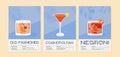 Old Fashioned, Negroni and Cosmopolitan Cocktail wall art posters. Alcoholic beverage garnish with orange, lime and