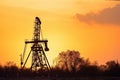 old-fashioned oil derrick in sunset with golden sky Royalty Free Stock Photo