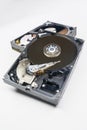 Old fashioned, open, mechanical harddisc drive, isolated on a white background Royalty Free Stock Photo