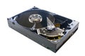 Old fashioned, open, mechanical harddisc drive, isolated on a white background Royalty Free Stock Photo