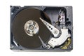 Old fashioned, open, mechanical harddisc drive, isolated on a white background Royalty Free Stock Photo