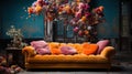 Old Fashioned Orange Sofa Decorated With Flowers and Glass Windows Interior Blurry Retro Background