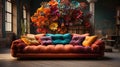 Old Fashioned Orange Sofa Decorated With Flowers and Glass Windows Interior Blurry Retro Background