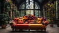 Old Fashioned Orange Sofa Decorated With Flowers and Glass Windows Interior Blurry Retro Background