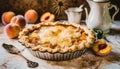 An Old Fashioned Peach Pie sits on a Stone Counter