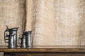 Old fashioned pewter beer tankards against a linen background. Royalty Free Stock Photo