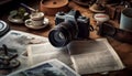 Old fashioned photographer equipment on wooden table, capturing nostalgic still life generated by AI